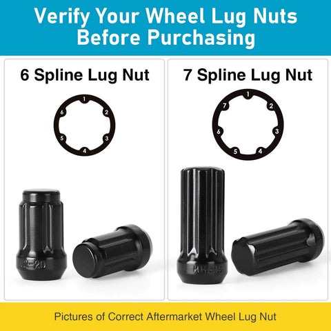 Two Piece 6 And 7 Spline Lug Nut Socket Set With Wheel Lock Key For No Fuss Quick Installation And Removal Of Aftermarket Spline Drive Lug Nuts Includes 41/64 Inch For M12 Series And 3/4 Inch For M14 Series showing 6 and 7 spline lug nuts with labels.