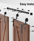 Installation components for 16Ft Single Track Bypass Sliding Barn Door Hardware Kit For Double Doors With Low Ceiling Clearance Easy Mount.
