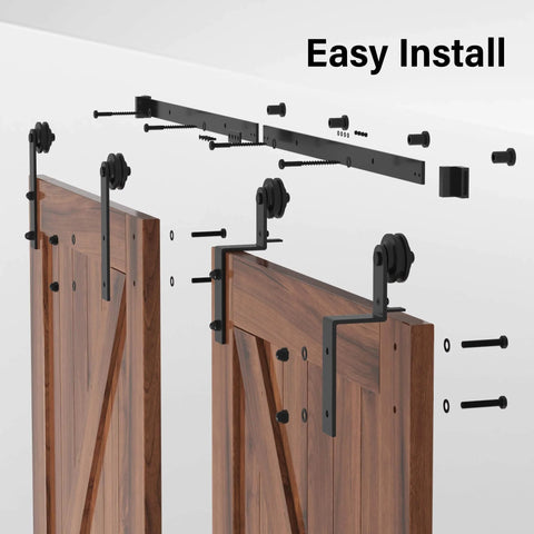 8 Foot Single Track Bypass Sliding Barn Door Hardware Kit For Double Doors Low Ceiling Friendly carbon steel rail and rollers