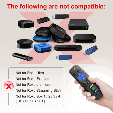 Two Pack Replacement Remote For All Roku TV Models No Pairing No Setup No Fuss Infrared Remote Works With TCL ONN Hisense And Roku Devices Batteries Not Included showing compatibility warnings for unsupported devices