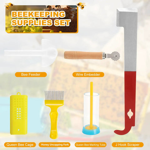 All In One Beekeeping Starter Kit For Beginners with bee feeder, wire embedder, queen bee cage, honey uncapping fork, J hook scraper