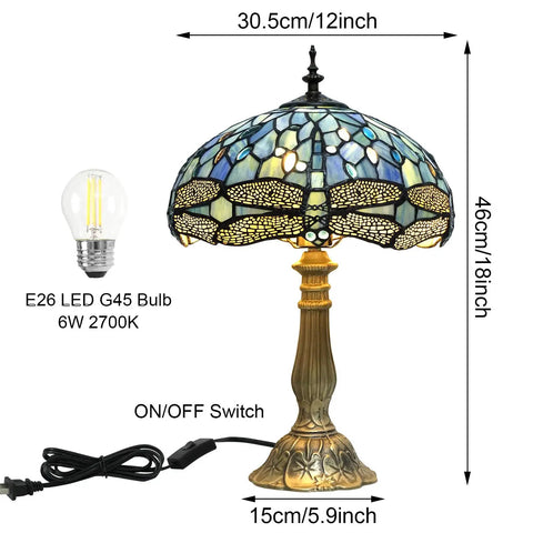Blue Tiffany Style Dragonfly Stained Glass Table Lamp With Vintage Decor For Bedroom Living Room And Home Office LED Bulbs Included
