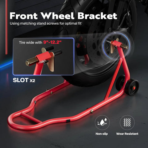 Beefy Heavy Duty Motorcycle Paddock Stands For Front And Rear Wheel Lift 882 Lbs Capacity UL Adjustable Swingarm Spool Durable Steel Frame Fits BMW Suzuki Yamaha Honda Kawasaki Red; front wheel bracket with non-slip and wear-resistant features.