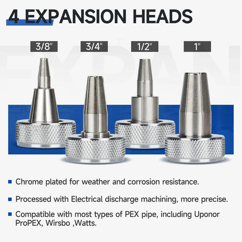 ProPEX Expansion Tool Kit With Pipe Cutter For ProPEX Fittings 3/8 To 1 Inch, chrome plated expander heads displayed