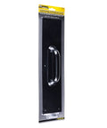 Commercial 15 Inch Stainless Steel Pull Door Plate In Matte Black Finish, packaged view, showing pre-drilled holes for mounting.