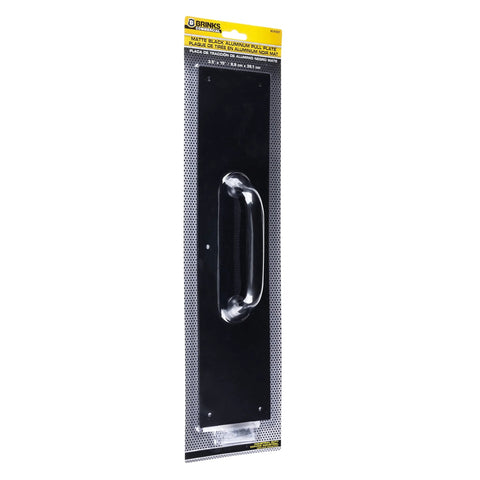 Commercial 15 Inch Stainless Steel Pull Door Plate In Matte Black Finish, packaged view, showing pre-drilled holes for mounting.