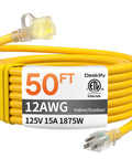 Tough As Nails 50 Foot Outdoor Extension Cord With Lighted End Yellow 12 Gauge Waterproof, 3 Prong Grounded Plug