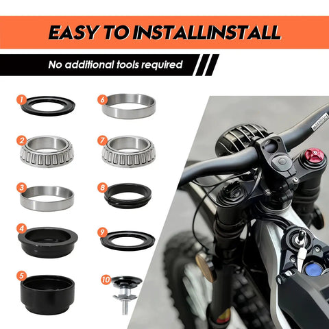 Upgraded Fork Headset Bearing Kit For Light Bee X S Sur Ron Electric Dirt Bike, showing components and easy installation signage