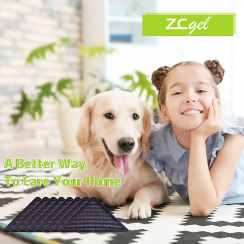 Girl with dog on carpet showcasing 8 Pack Non Slip Rug Tape for Hardwood Floors, Anti Curling Rug Grippers displayed in corner.