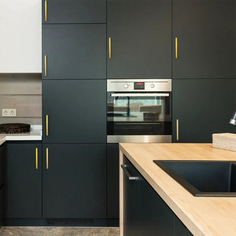 Modern kitchen with 30 Pack Seven And A Half Inch Square Cabinet Handles Brushed Brass Drawer Pulls
