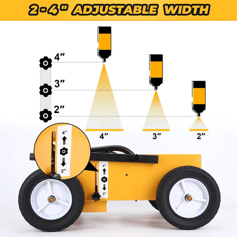 High Performance Parking Lot Line Striper For Inverted Spray Paint With 8 Inch Heavy Duty Wheels Professional Inverted Spray Paint Compatible Easy To Use Lane Marking Machine Durable Yellow showing adjustable 2-4 inch stripe width