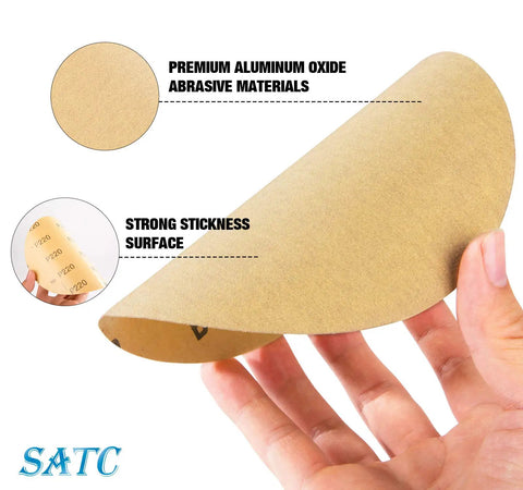 6 Inch Adhesive Backed Sanding Discs 100 Pack 220 Grit PSA Aluminum Oxide showing strong adhesive and premium material