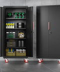 71 Inch Tall Lockable Garage Storage Cabinet On Wheels With Four Adjustable Shelves Beefy Heavy Duty Steel Construction For Home Shop Or Warehouse Scratch Resistant Powder Coated Finish Easy Roll Casters Locking Latch open with tools