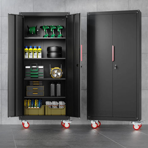71 Inch Tall Lockable Garage Storage Cabinet On Wheels With Four Adjustable Shelves Beefy Heavy Duty Steel Construction For Home Shop Or Warehouse Scratch Resistant Powder Coated Finish Easy Roll Casters Locking Latch open with tools
