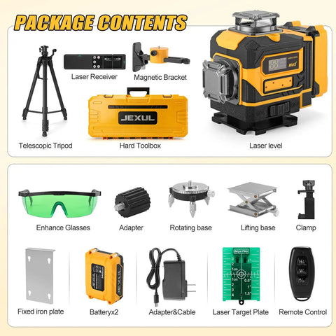 16 Line Laser Level Kit With 4D Self Leveling And Receiver Extends To 200ft For Indoor Layouts And Outdoor Fencing Decking Projects, package contents