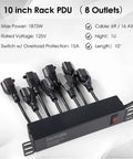 10 Inch Rackmount PDU With 8 Rear Outlets For 6U Plus Server Racks 15A 125V 1875W Power Distribution Unit Front Switch With Auto Overload Protection Keeps Your Cabinet Clean By Placing Cables At The Rear, black aluminum housing