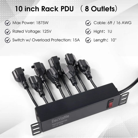 10 Inch Rackmount PDU With 8 Rear Outlets For 6U Plus Server Racks 15A 125V 1875W Power Distribution Unit Front Switch With Auto Overload Protection Keeps Your Cabinet Clean By Placing Cables At The Rear, black aluminum housing