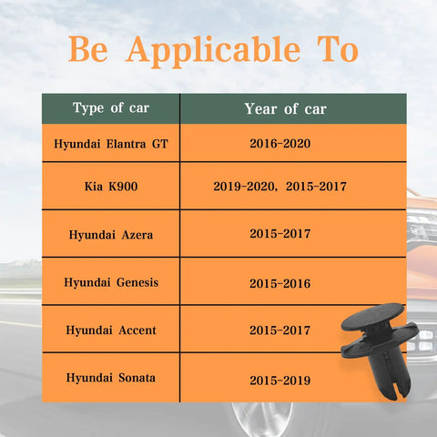 Compatibility chart showing Hyundai and Kia models for 20 Pack Fender Liner Push Type Retainer Clips, including Elantra, Accent, Sonata.