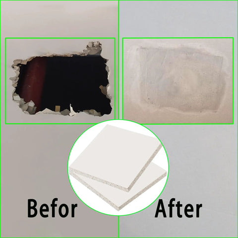 Before and after repair using Two Pack 12 By 12 By One Half Inch Drywall Patch Panels For Large Hole Repair Easy Wall Patch Kit.
