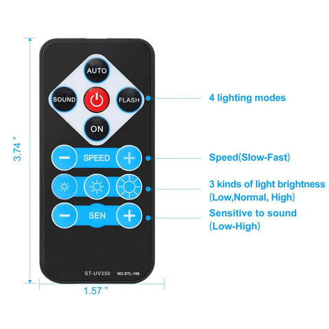 Remote control for Ultra Bright 54W 18 LED UV Black Light Bar with 4 modes, speed, brightness, and sound sensitivity settings.