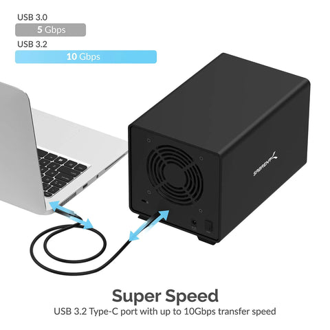 Heavy Duty Four Bay USB C Docking Station For External Hard Drive Enclosure And SSD HDD Expansion With Blazing Fast 10Gbps Transfer Speeds Built Tough Multi Drive Access connected to a laptop.