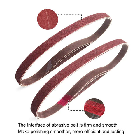 Three Eighths By Thirteen Inch Aluminum Oxide Sanding Belts Twenty Four Pack With Four Belts Each Of Assorted Grits closeup