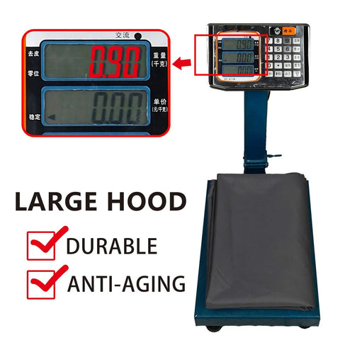 Digital weight scale with large hood showing display, promoting durability and anti-aging features.