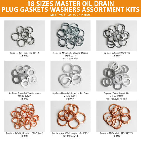 Oil Drain Plug Gasket And Washer Set 200 Pcs In 18 Sizes For Toyota Subaru Chevrolet Replacement Crush Washers And Gaskets