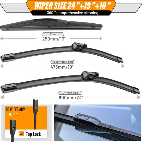 24 Inch And 19 Inch Windshield Wiper Blades Replacement For Honda CRV 2023 2024 2025 with 10 Inch Rear Wiper Blade Pack Of 3