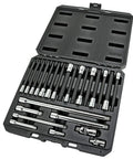 24 Piece Reach And Access Socket Accessory Set For Tight Spaces With One Quarter Inch And Three Eighth Inch Drives And Inch And Metric Sizes Includes Two Universal Joints Six Extension Bars And Four Wobble Extensions in open case