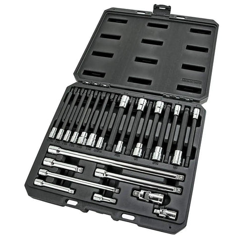 24 Piece Reach And Access Socket Accessory Set For Tight Spaces With One Quarter Inch And Three Eighth Inch Drives And Inch And Metric Sizes Includes Two Universal Joints Six Extension Bars And Four Wobble Extensions in open case