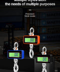 Digital Crane Scale With 3300 Lbs Capacity Heavy Duty Weighing Tool in blue, orange, and black with hooks for industrial use.