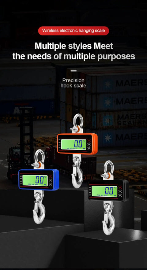 Digital Crane Scale With 3300 Lbs Capacity Heavy Duty Weighing Tool in blue, orange, and black with hooks for industrial use.