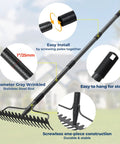 Extra Wide 17 Inch Double Sided Garden Rake with stainless steel construction, showing assembly details and easy storage features.