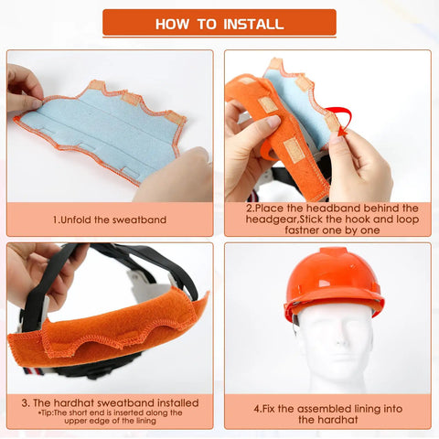 Installation steps for Five Pack Hard Hat Sweatband Set Washable Replacement Liners Made From Flame Retardant Cotton For Welding Helmets Construction Hats And Chainsaw Gear Soft Absorbent Comfort Easy To Clean Durable And Reusable Go To Worksite Essential