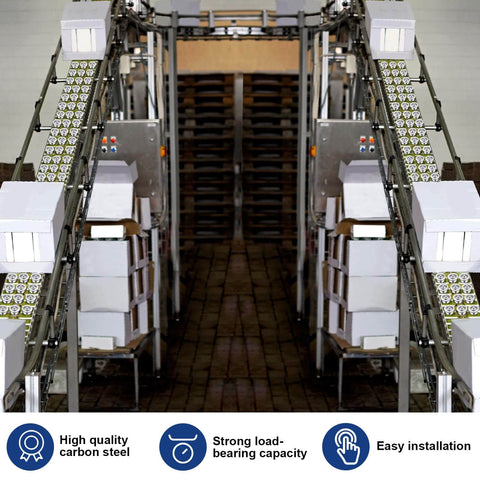 Conveyor system using 80-Piece Five-Eighth Inch Roller Ball Transfer Bearings In Carbon Steel, 360 Degree Rotation, for smooth transport.