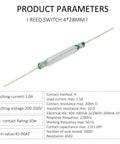 Lil 4 By 28 mm Normally Open Reed Switch detailed product parameters with size and electrical specifications visible in image