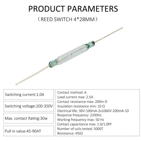 Lil 4 By 28 mm Normally Open Reed Switch detailed product parameters with size and electrical specifications visible in image