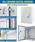Front view: electrical box, 16x12x8 in steel NEMA 4X wall-mount enclosure with lock.