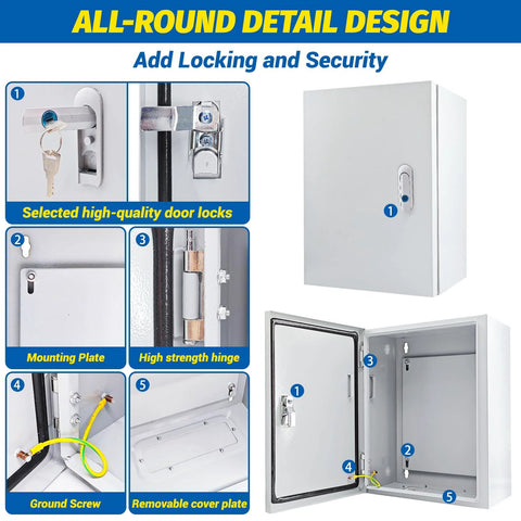 Front view: electrical box, 16x12x8 in steel NEMA 4X wall-mount enclosure with lock.