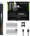 42-In-1 Electric Precision Screwdriver Kit with 40 Magnetic Bits, showing cordless driver, bits, LED light, and USB charging cable.