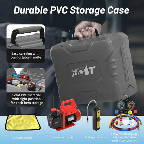Pro Grade Vacuum Pump And Gauge Set with 4 Way Aluminum Manifold Leak Detector and PVC Storage Case for AC Maintenance