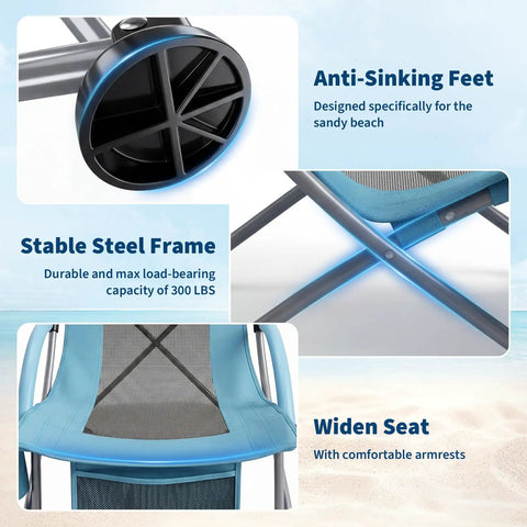 Close-up of Two Pack Folding Beach Chairs For Adults With Cup Holder, Storage Pocket And Carry Bag showing frame, feet, and seat features.