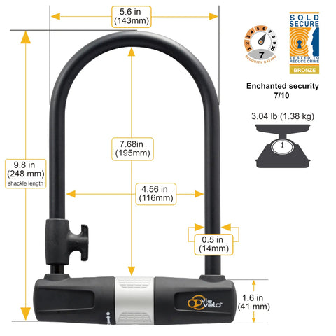 Beefy Bike U Lock With 14mm Shackle And 10mm By 1.8m Cable With Mounting Bracket For Road Mountain Electric And Folding Bikes Sold Secure Bronze Certified, 14mm shackle dimensions