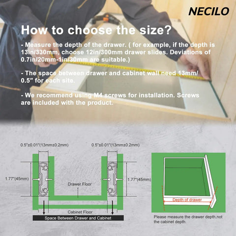 Instruction diagram showing installation details for 14 Inch Stainless Steel Soft Close Drawer Slides Dope Quality With 100 Pound Capacity.