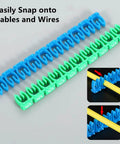 Clip-On Cable Marker Kit For 1.5 To 6.0 mm2 Cables With Color Coded Imprint 0 To 9, blue and green markers snapping onto cable