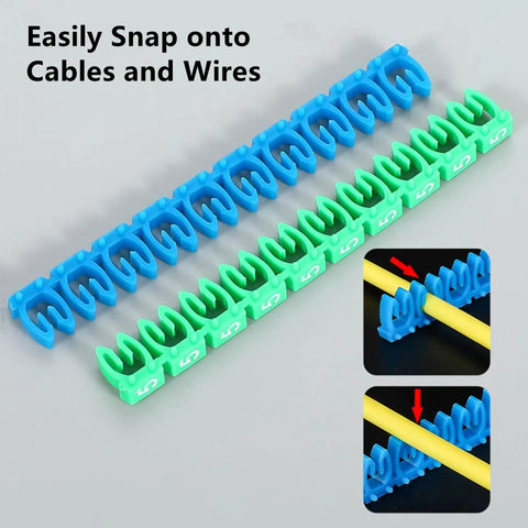 Clip-On Cable Marker Kit For 1.5 To 6.0 mm2 Cables With Color Coded Imprint 0 To 9, blue and green markers snapping onto cable