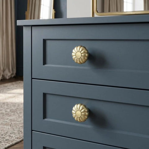 Unlacquered Brass Cabinet Knobs One And One Quarter Inch 2 Pack Living Finish Flower Hardware For Drawers Dressers Vanities Closets Old School Vintage Vibe Hardware That Develops Character on blue dresser