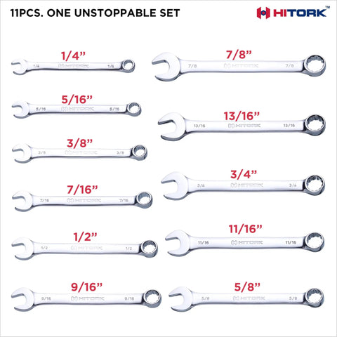 Shop Tested Beefy 11 Piece SAE Combination Wrench Set With Heavy Duty Roll Pouch showing various wrench sizes and glossy chrome coating.