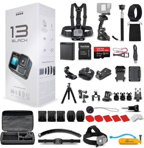 Hero 13 Black Waterproof Action Camera With Sick 5.3K HDR Video 27MP Photos 64GB Card and 50 Piece Accessory Kit Bundle